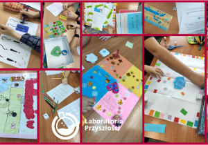 Kolaż zdjęć przedstawiających etapy pracy nad grami planszowymi