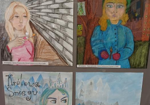 Rama z pracami laureatów konkursu: Karina Trojanowska Szkoła Podstawowa nr 83 w Łodzi, Maja Laskowska Szkoła Podstawowa Przystań w Łodzi, Julia Mik Szkoła Podstawowa nr 6 w Łodzi, Oliwier Mi Szkoła Podstawowa Przystań w Łodzi (mieszane techniki plastyczne)