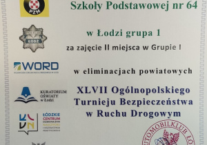 Dyplom dla drużyny młodszej za zajęcie II miejsca w Turnieju BRD