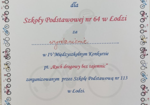 Dyplom dla szkoły za wyróżnienie w konkursie "Ruch drogowy bez tajemnic"