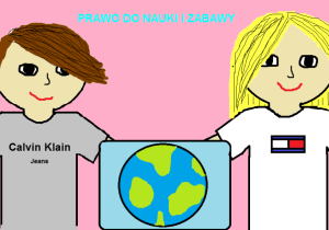 Dwójka dzieci z globusem. Nad nimi napis: Prawo do nauki i zabawy.