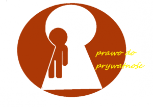 Duża dzirka od klucza przez która widać postać dziecka. Obok napis: Prawo do prywatności.