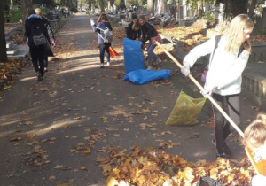 Uczennice grabią liście z alejek cmentarza.