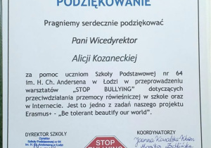 Podziękowanie dla dyrekcji Szkoły Podstawowej Nr 205 za umożliwienie przeprowadzenia warsztatów dotyczących przeciwdziałania przemocy w szkole w ramach projektu Erasmus+ przez uczniów Szkoły Podstawowej Nr 64.
