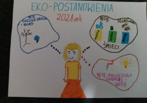 Praca plastyczna wykonana mazakami przedstawia trzy ekopostanowienia - Segregowanie śmieci, sadzenie drzew, oszczędzanie wody i energii.