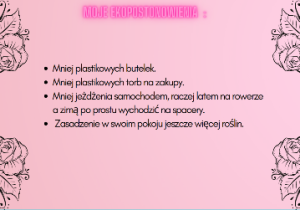 Praca wykonana komputerze na różowym tle przedstawia cztery ekopostanowienia.