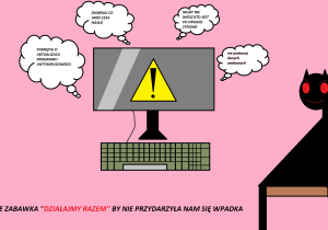 Internet to nie zabawka, "działajmy razem", by nie przydarzyła nam się wpadka - anioł i diabeł przy komputerze z zasadmi bezpieczeństwa