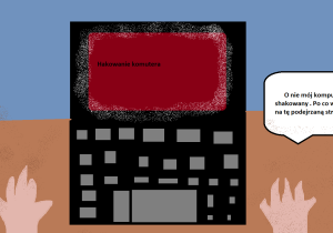 Dłonie przy laptopie z napisem "Hakowanie komputera"