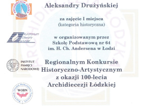 Dyplom dla Aleksandry Drużyńskiej za zajęcie 1. miejsca w kategorii historycznej