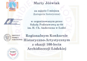 Dyplom dla Marty Jóźwiak za zajęcie 1. miejsca w kategorii historycznej