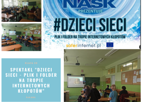 Uczniowie oglądają spektakl o bezpiecznych zachowaniach w sieci.