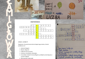 Napis ŁAMIGŁÓWKA oraz zdjęcie dwóch krzyżówek i łamigłówki a także liczby Pi zrobionej z drewna