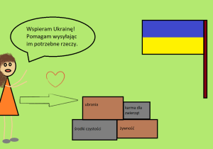 Obok dziewczynki, która "mówi" o pomocy Ukrainie, leżą paczki z darami