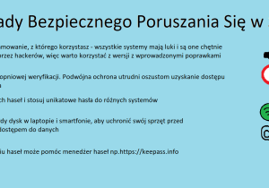 Zasady bezpiecznego poruszania się w sieci oraz symbole kojarzące się z internetem.