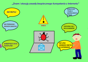 Dwójka dzieci, miedzy nimi laptop a nad nimi w "dymkach" zasady bezpieczeństwa w Internecie.