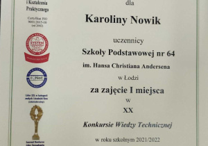 Dyplom dla Karoliny
