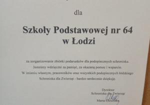 Podziękowanie dla naszej szkoły ze schroniska