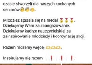 Podziękowania dla naszej szkoły na facebooku Regionalnego Centrum Wolotariatu Centerko "Karteczka dla seniora"