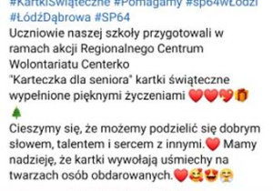 Informacja na facebooku naszej szkoły o udziale uczniów w akcji "Karteczka dla seniora"