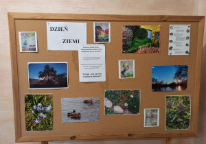 Tablica tematyczna Dni Ziemi z fotografiami przyrody wykonanymi przez uczniów