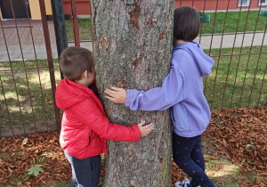Dzieci przytulają się do drzewa.
