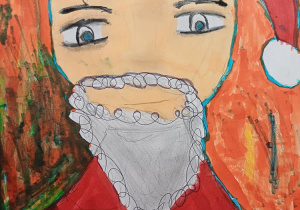Praca wykonana techniką rysunkową (flamastry) – portret Mikołaja