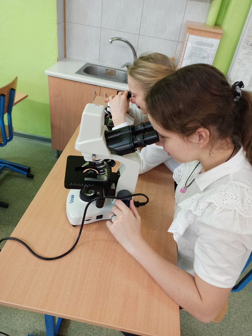 Uczennice prowadza obserwacje przyrodnicze za pomocą mikroskopów