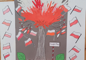 Wystawa tematyczna prac uczniów "Święto flagi" - plakat wykonany łączonymi technikami plastycznymi – rysunkową, wyklejaną i wycinaną