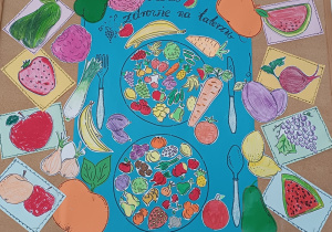 Praca zbiorowa oraz prace indywidualne uczestników świetlicy "Zdrowie na talerzu" (technika rysunkowa i wyklejana)