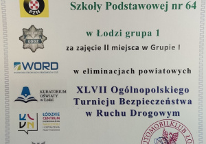 Dyplom dla drużyny młodszej za zajęcie II miejsca w Turnieju BRD