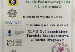 Dyplom dla drużyny starszej za zajęcie III miejsca w Turnieju BRD
