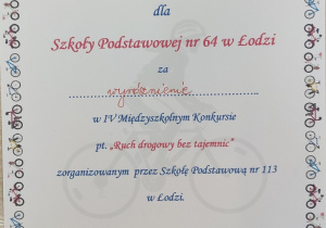 Dyplom dla szkoły za wyróżnienie w konkursie "Ruch drogowy bez tajemnic"