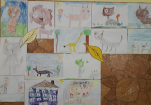 Prace plastyczne uczniów prezentujące różne zwierzęta.