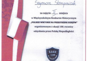 Dyplom dla Szymona za zajęcie II miejsca w Międzyszkolnym Konkursie Historycznym "Polskie wiktorie na przestrzeni dziejów"