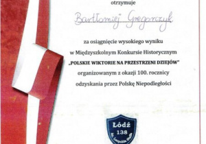 Wyróżnienie dla Bartłomieja w Międzyszkolnym Konkursie Historycznym "Polskie wiktorie na przestrzeni dziejów"
