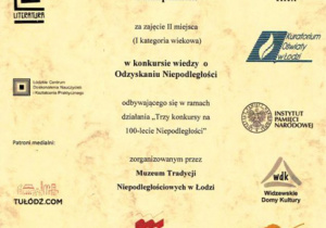 Dyplom dla Szymona za zajęcie II miejsca w historycznym konkursu wiedzy o Odzyskaniu Niepodległości