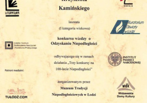 Dyplom dla Krzysztofa - laureata historycznego konkursu wiedzy o Odzyskaniu Niepodległości