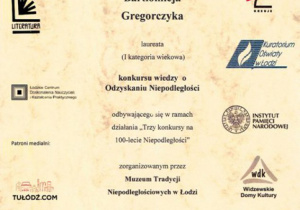 Dyplom dla Bartłomieja - laureata historycznego konkursu wiedzy o Odzyskaniu Niepodległości