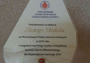 Statuetka z podziękowaniami za zdobycie złotego medalu na Mistrzostwach Polski Juniorów młodszych w 2019 i osiągnięcie wysokiego wyniku klasyfikacji Systemu Sportu Młodzieżowego dla Województwa Łódzkiego w 2019 roku.