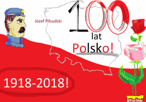 Na biało-czerwonym tle portret Józefa Piłsudskiego, kontur mapy Polski i kwiaty