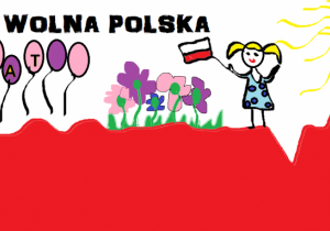 Dziewczynka z biało-czerwoną chorągiewką obok kwiatków i baloników