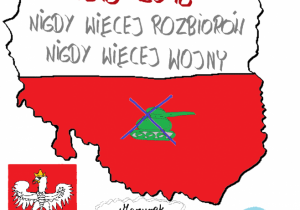 Biało-czerwona mapa Polski z napisem "1918-2018. Nigdy więcej zaborów. Nigdy więcej wojny"