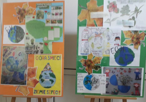 Prace rysunkowe i malarskie uczniów o tematyce ekologicznej.