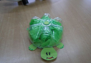 Żółwik wykonany ze spodu od butelki i kartonu.