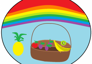 Tęczowe logo z koszem owoców.