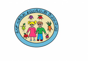 Okrągłe logo z dwójką dzieci, wokół których znajdują się owoce i napis.