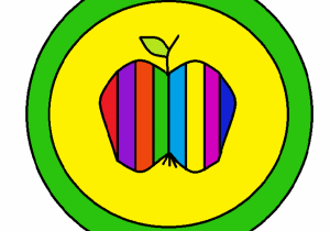 Okrągłe logo z jabłkiem w kolorowe pasy.