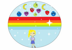 Okrągłe logo z uśmiechniętą dziewczynką i owocami.