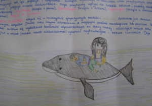 Plakat przedstawiający terapię niepełnosprawnego dziecka z udziałem delfina.