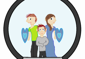Okrągłe niebieskie logo w kształcie serca z rodzicami i dzieckiem oraz napisem "Znajdź w sobie moc"